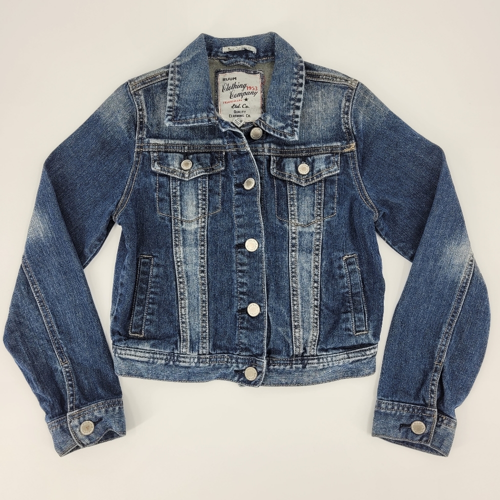 Ruum Blue Denim Jean Jacket Size Small or 7/8 Girls Button Front Classic Trucker
